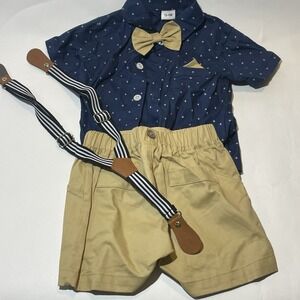 Baby Boy short-sleeved shirt , bow tie , suspenders, shorts size 12-18 Months.